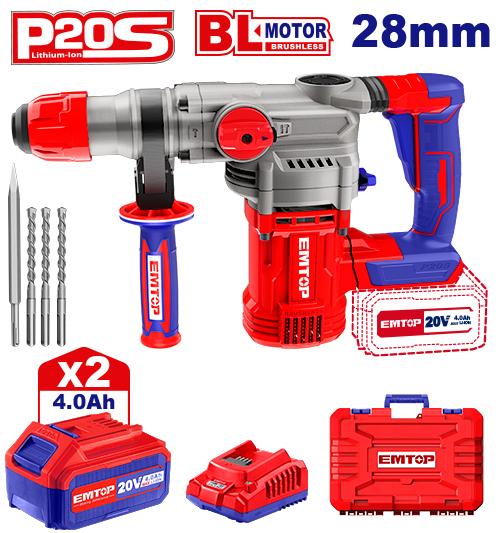 [ELRH202882] EMTOP MARTEAU PERFORATEUR 28MM SANS FIL 20V + 2 BATTERIES 4.0AH [ ELRH202882 ]