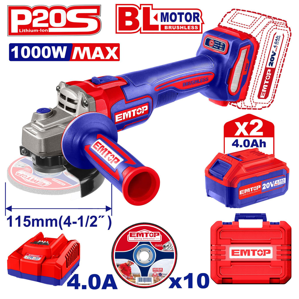[ELAG271532] EMTOP MEULEUSE 115MM 1000W SANS FIL 20V + 2 BATTERIES 4.0AH [ ELAG271532 ]