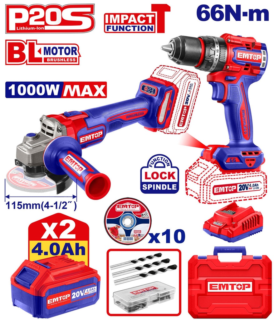 [ECKL20273] EMTOP PACK PERCEUSE À PERCUSSION 66NM + MEULEUSE 115MM + 2 BATTERIES 4.0AH [ ECKL20273 ]