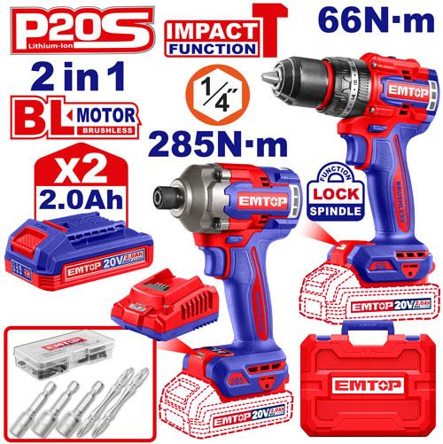 [ECKL20277] EMTOP PACK PERCEUSE À PERCUSSION 66NM + VISSEUSE À CHOC 285NM + 2 BATTERIES 2.0AH [ ECKL20277 ]
