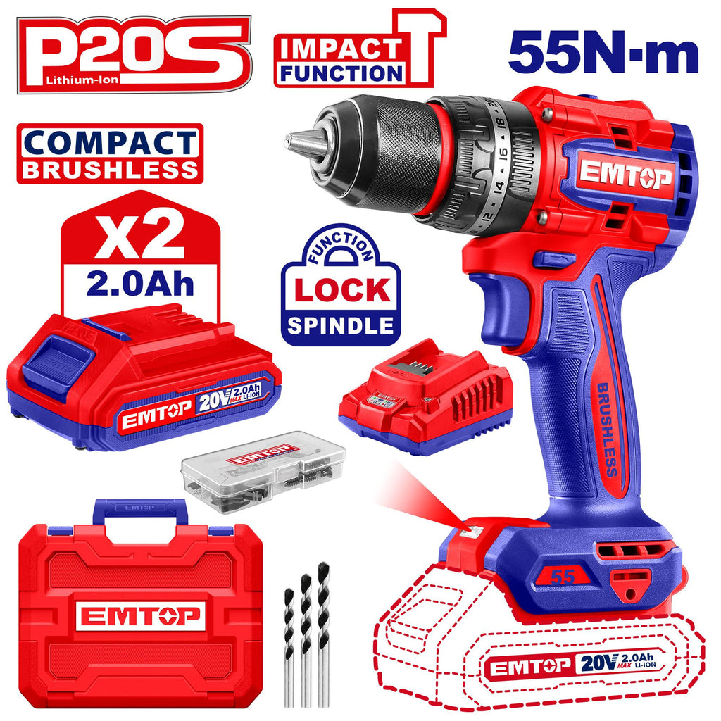 [ECIDL20558] EMTOP PERCEUSE/VISSEUSE À PERCUSION SANS FIL 20V  55NM + 2 BATTERIES 2.0AH [ ECIDL20558 ]