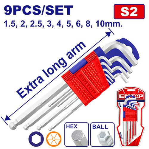 [EHKY2092] Jeu de 9 clés hexagonales à pointe sphérique extra long EMTOP | EHKY2092