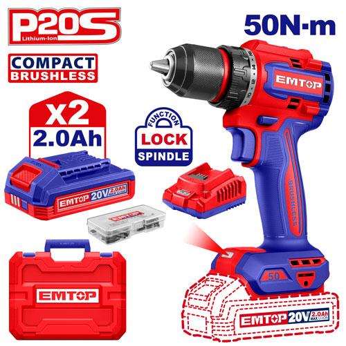 [ECDL205062] Perceuse-visseuse sans fil 20 V 50 Nm + 2 batteries 2.0 Ah EMTOP | ECDL205062
