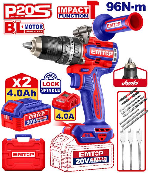 [ECIDL209686] Perceuse/visseuse à percussion sans fil 20 V 96 Nm + 2 batteries 4.0 Ah EMTOP | ECIDL209686