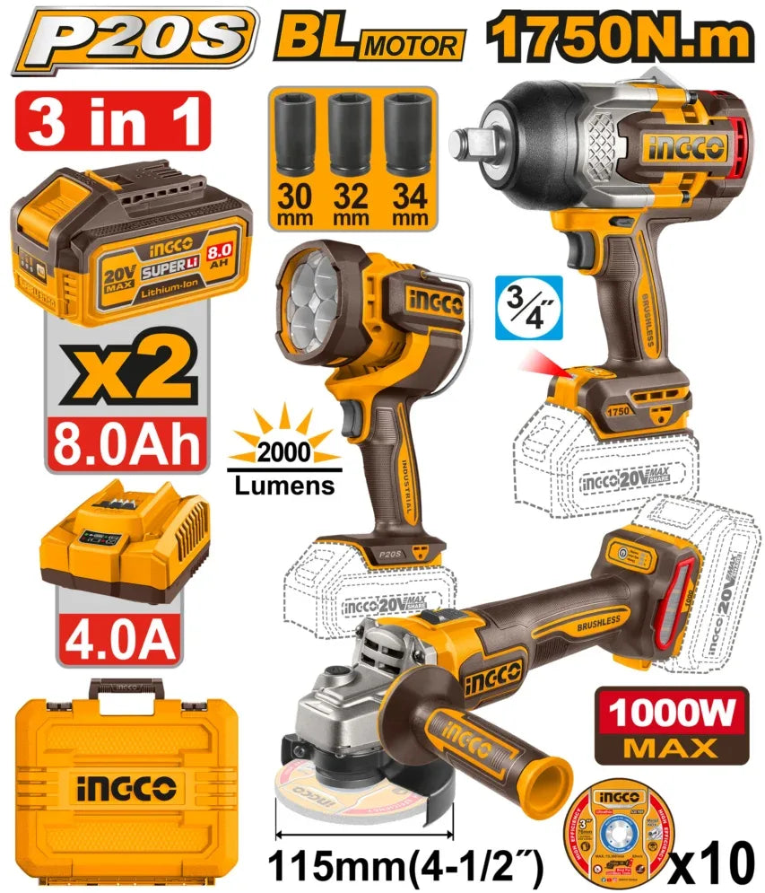 [COSLI250593] INGCO PACK MEULEUSE+BOULONNEUSE 1750NM+TORCHE+ 2BATTERIES/20V 8AH AU MAROC [COSLI250593]