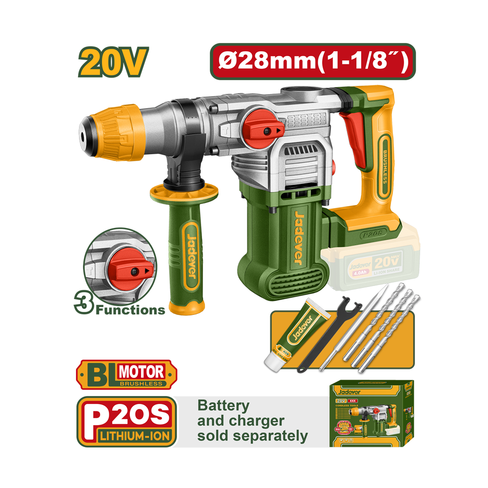 [JDLM1528] JADEVER MARTEAU PERFORATEUR BRUSHLESS 20V 28MM SANS BATTERIE SANS CHARGEUR AU MAROC [JDLM1528]