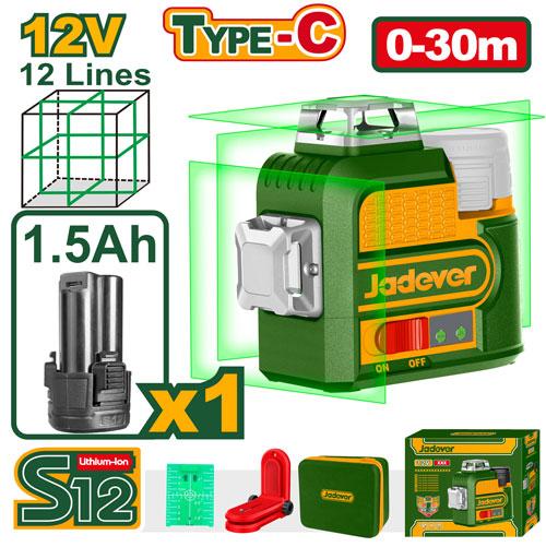 JADEVER NIVEAU LASER 3D 12LIGNES 12V 1 BATTERIE 1.5AH TYPE C SANS CHARGEUR AU MAROC [JDLE8M12]