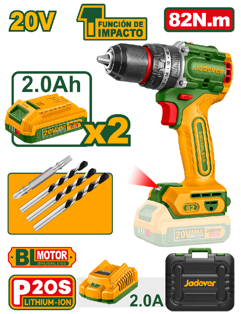 [JDCDP8285] JADEVER PERCEUSE À PERCUSSION 20V 82N.M +2BATT 2,0AH/CHARGEUR JADEVER AU MAROC [JDCDP8285]