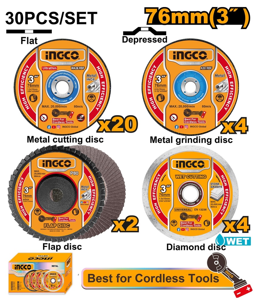 [MCD07630] INGCO JEU 30PCS DISQUES DE COUPE ET MEULAGE 76MM AU MAROC [MCD07630]