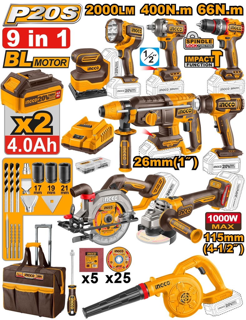 [COSLI250381] INGCO 9 PCS KIT COMBO INDUSTRIEL SANS FIL AU MAROC [COSLI250381]