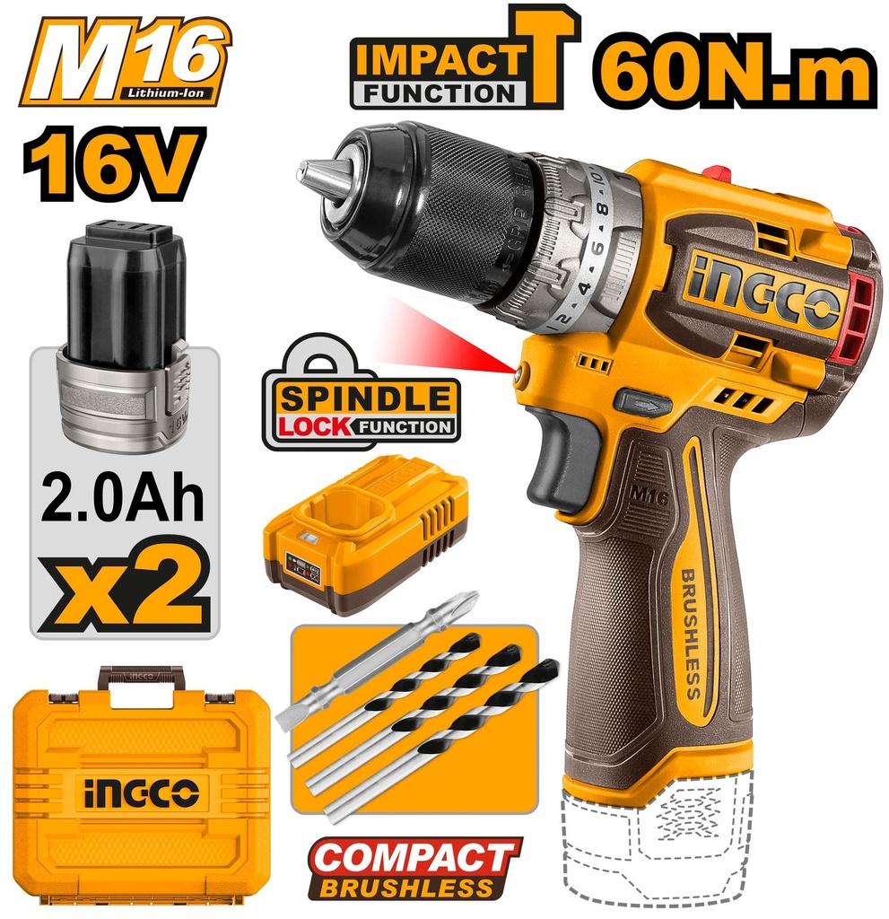 [CIDLI16682] Perceuse à percussion sans fil 16V/M16 Lithium-Ion Compact Brushless CIDLI16682 ING-CT AU MAROC