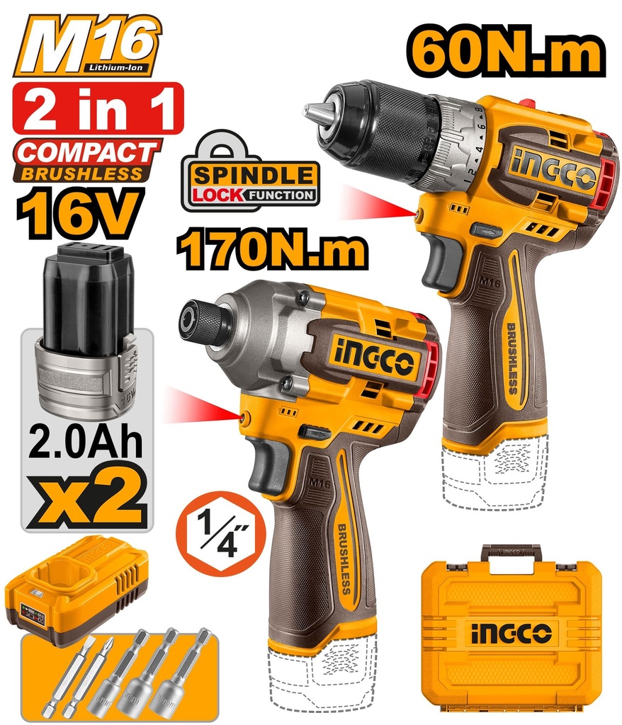 [COSLI240968] INGCO PACK 2 MACHINE 16V VISSEUSE PERCEUSE 60 NM ET VISSEUSE A CHOCS [COSLI240968] AU MAROC