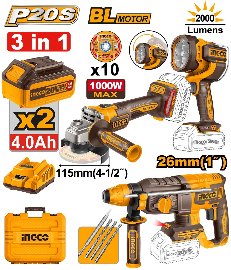 [COSLI250183] INGCO KIT COMBINÉ SANS FIL 3 PIÈCES AU MAROC [COSLI250183]