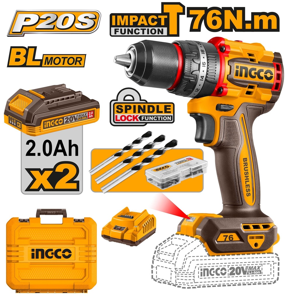 [CIDLI20768] INGCO PERCEUSE VISSEUSE 20V 76NM 2 BATT BRUSHLESS AU MAROC [CIDLI20768]