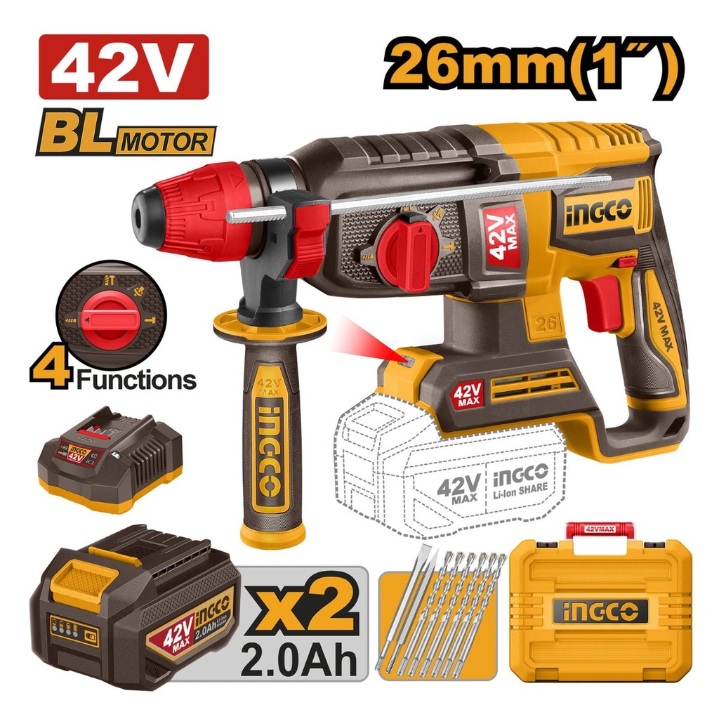 [CRHLI422682] INGCO MARTEAU PERFORATEUR 26MM 42V + 2BATTERIES 2AH AU MAROC [CRHLI422682]