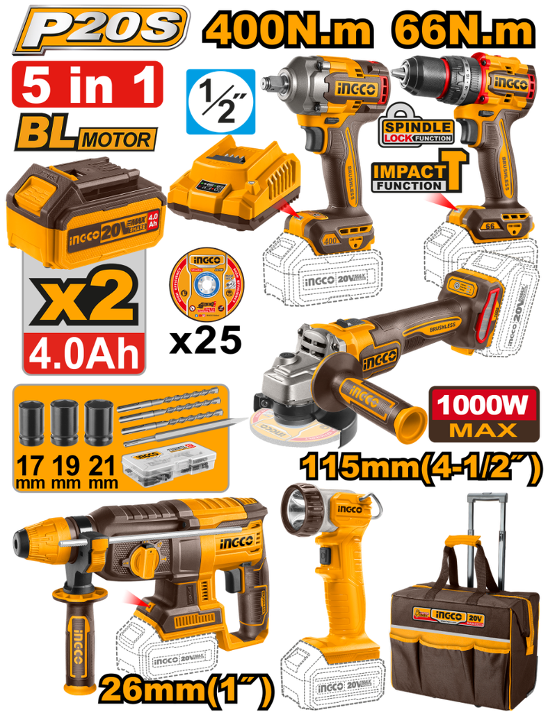 [CKLI2019] INGCO PACK VALISE DE 5 MACHINES 20V AU MAROC [CKLI2019]