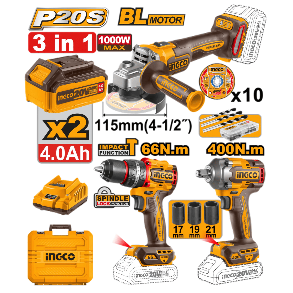 [COSLI2412291] INGCO PACK 3 MACHINE MEULEUSE VISSEUSE BOULONNEUSE 20V AU MAROC [COSLI2412291]