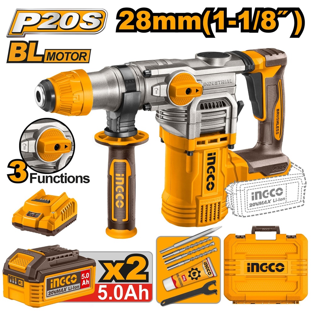 [CRHLI202885] INGCO MARTEAU PERFORATEUR BRUSHLESS 20V SDS PLUS 28MM 2 BAT 5Ah AU MAROC [CRHLI202885]