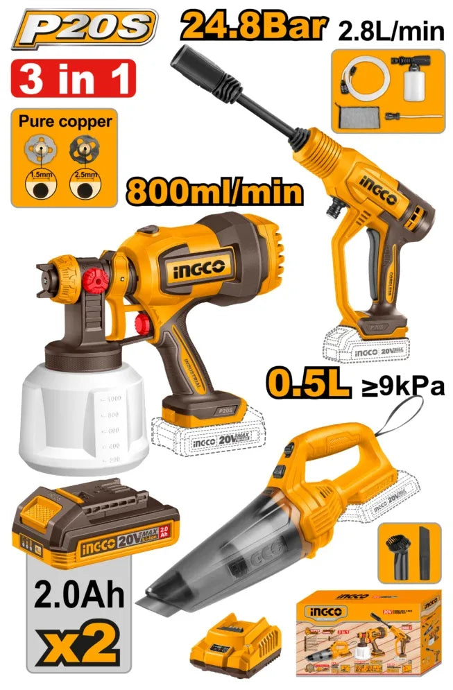 [COSLI230522] INGCO PACK 20V PIST A PEINTURE+ASPIRATEUR+NETTOYEUR AU MAROC [COSLI230522]