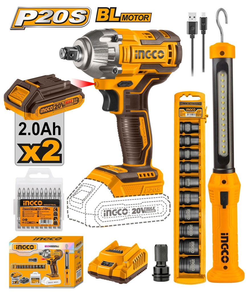 [COSLI23011] INGCO PACK BOULONNEUSE A CHOC 300NM SANS CHARBONS 20V AU MAROC [COSLI23011]